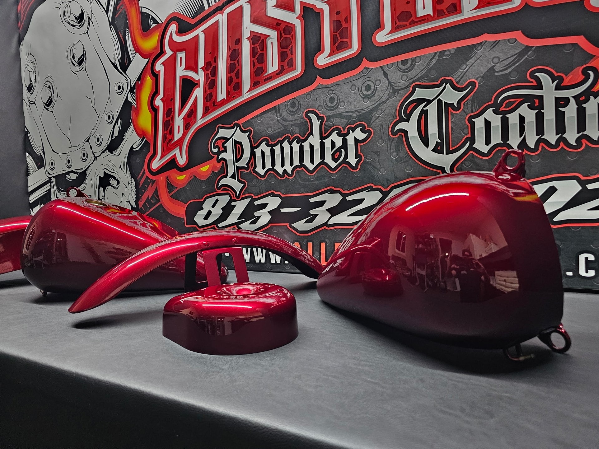 Candy red motorcycle tank and fender set
